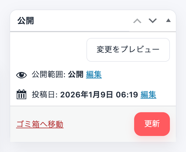 編集画面右上の公開ボックス。変更をプレビュー、公開範囲:公開、投稿日、ゴミ箱へ移動、更新ボタンがある