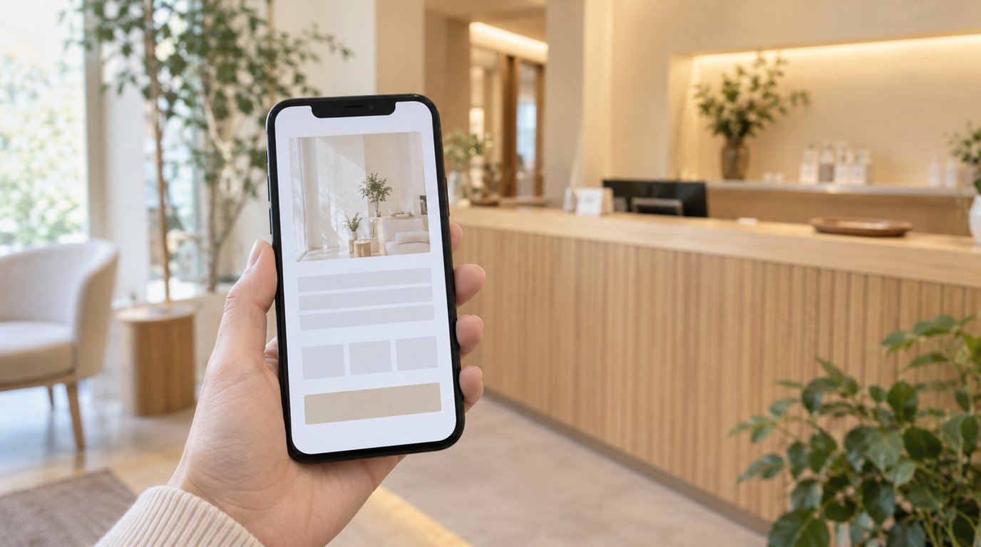 サロンの受付を背景に、スマートフォンで求人ページを見ているイメージ