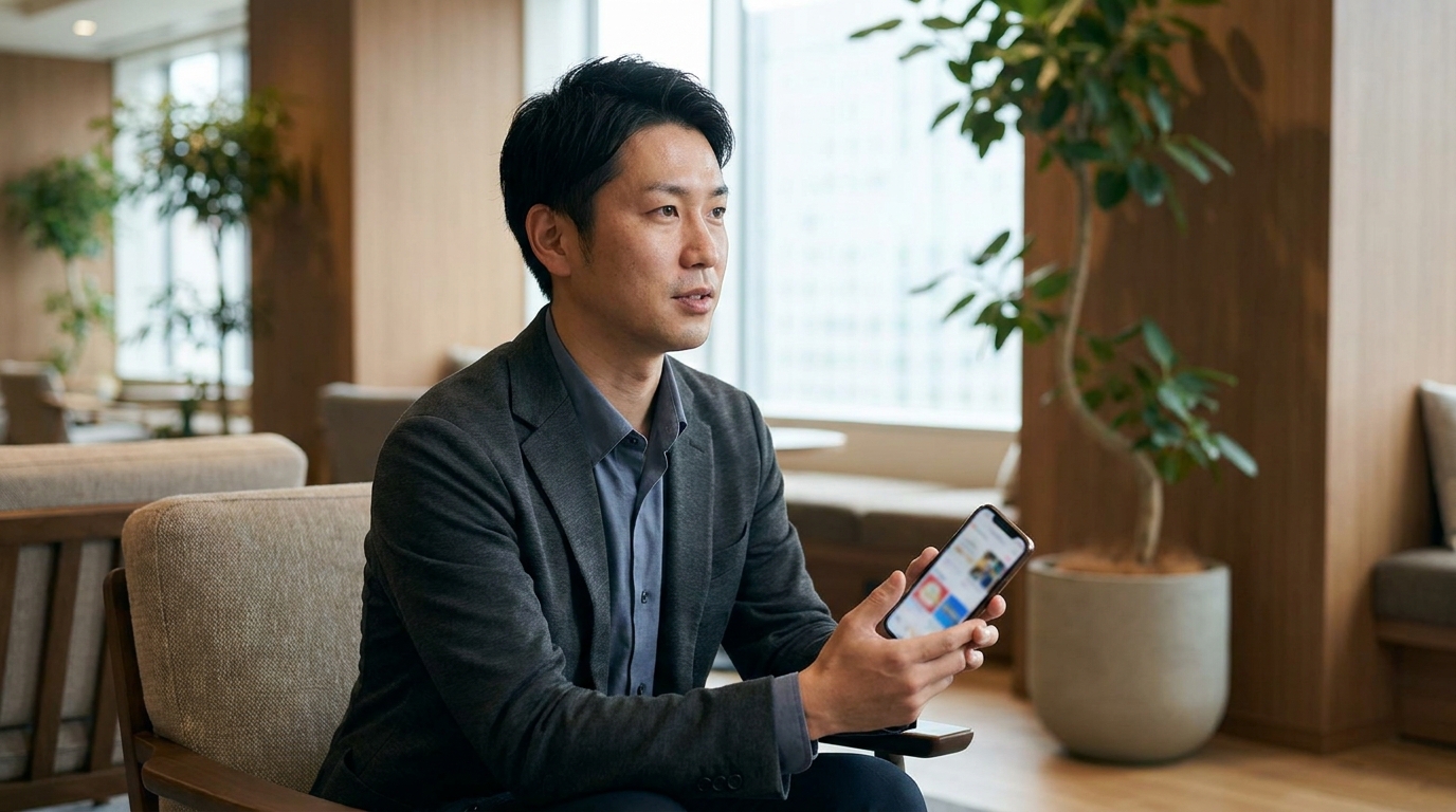 スマートフォンで店舗情報を確認する男性のイメージ