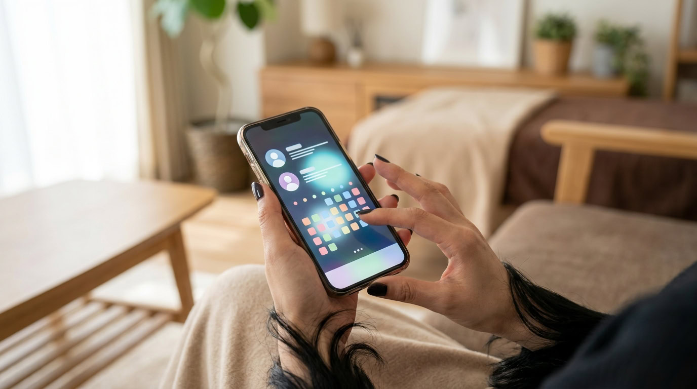 サロンでスマートフォンのメンズエステ専門SNSアプリを見るイメージ