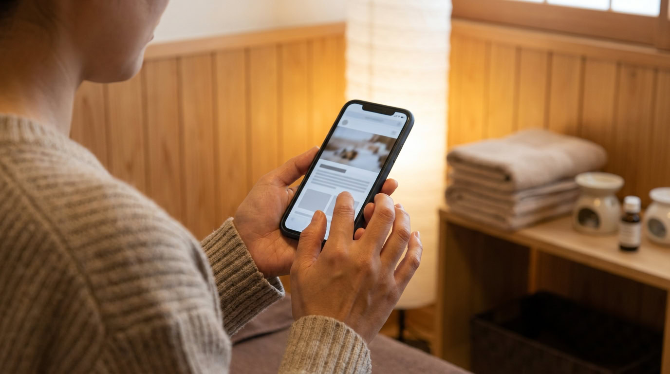 サロンの施術ルームでスマートフォンから写メ日記を投稿するセラピストの手元