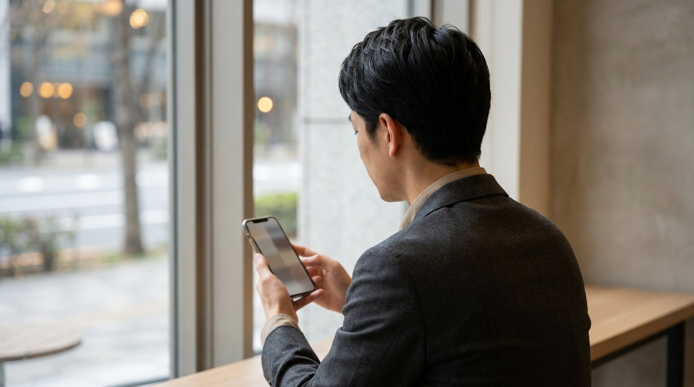 外出先でスマートフォンから写メ日記を読み、予約を検討している男性