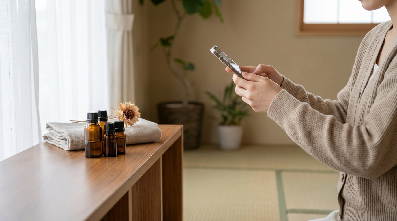 写メ日記に載せるアロマオイルとタオルをスマートフォンで撮影しているセラピスト