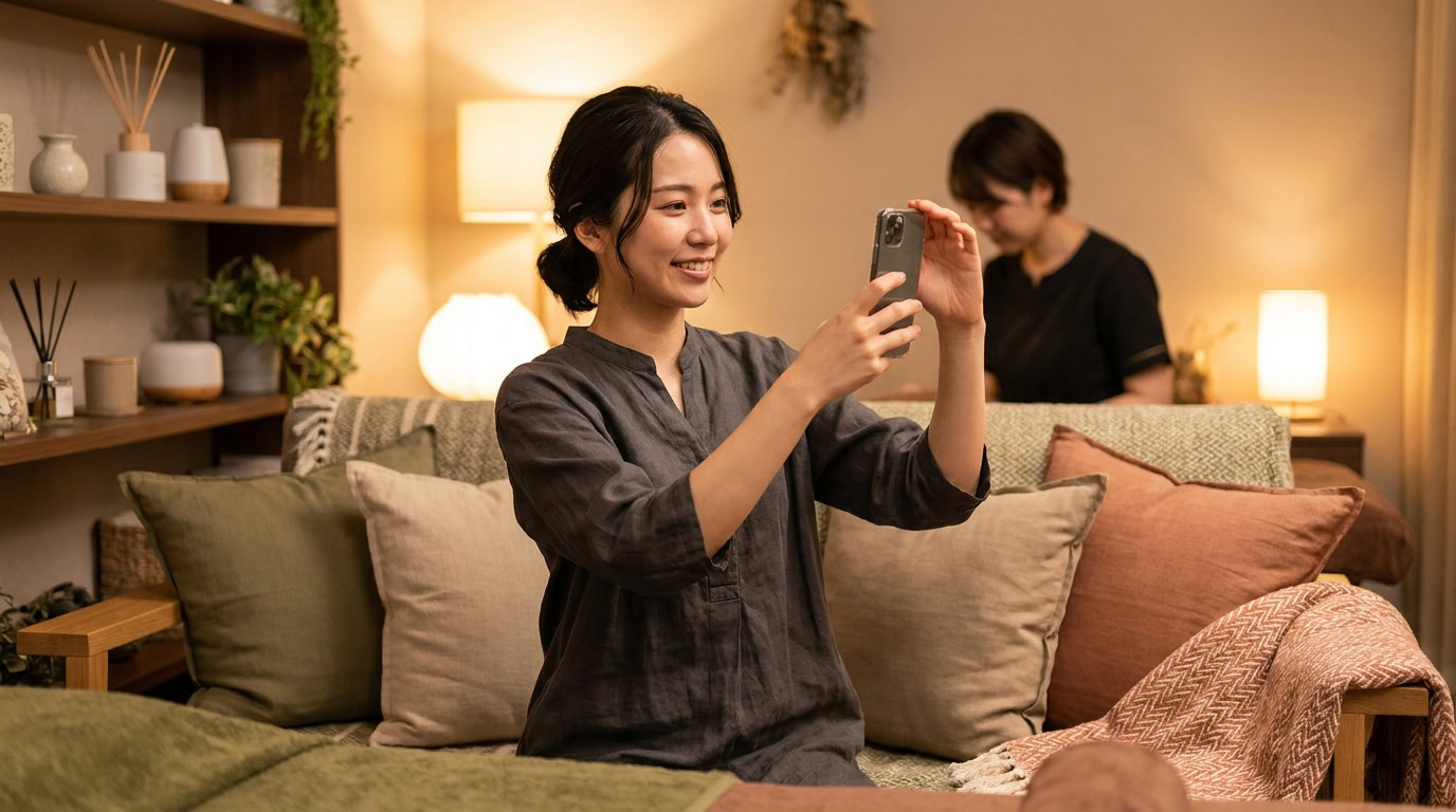 メンズエステのセラピストがスマートフォンで写メ日記用の写真を撮影しているイメージ