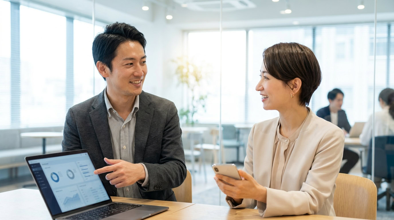 メンズエステ店舗の担当者がホームページとSNS運用について打ち合わせしているイメージ