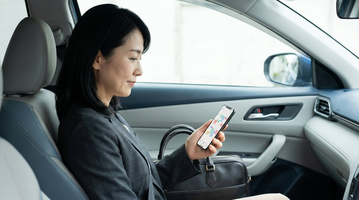 出張先へ向かう車内でスマートフォンの予約スケジュールを確認するセラピスト