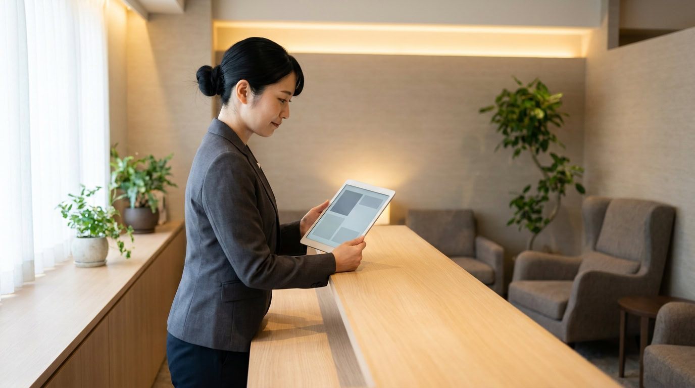 サロンの受付カウンターでタブレットの予約状況を確認する日本人スタッフ