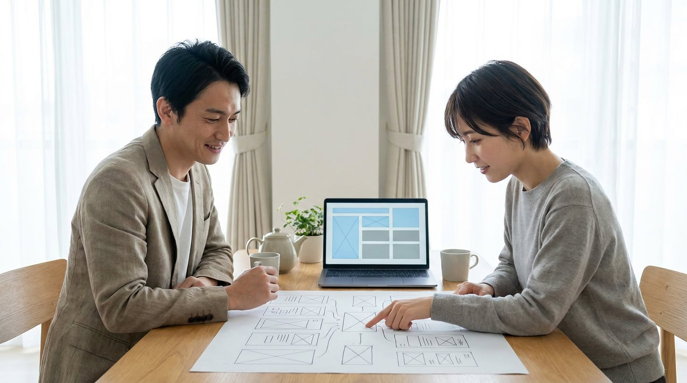 店舗担当者と制作担当がホームページの予約導線について打ち合わせしている様子