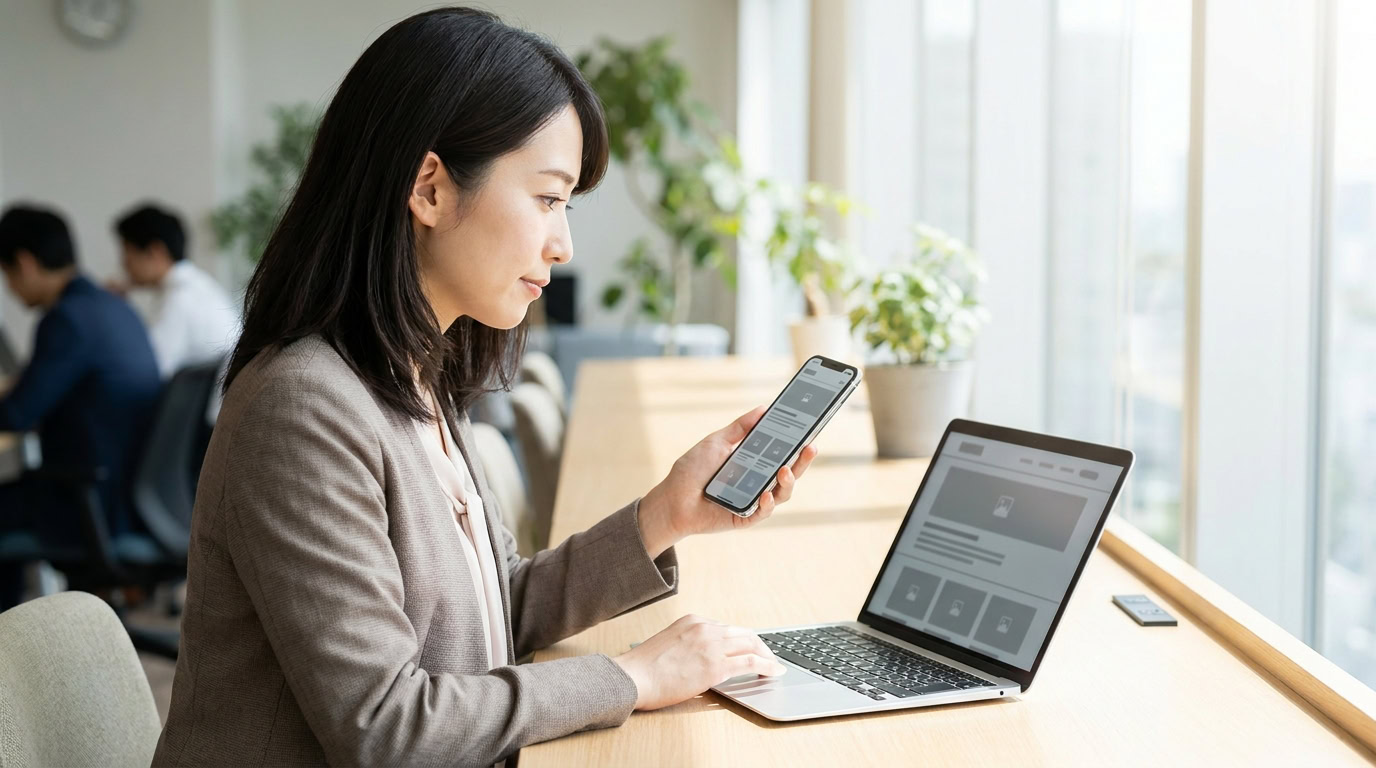 スマートフォンでホームページの表示や見やすさを確認するWebデザイナー