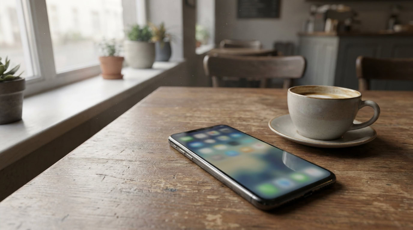 カフェでスマートフォンから出勤情報や写メ日記を確認するイメージ
